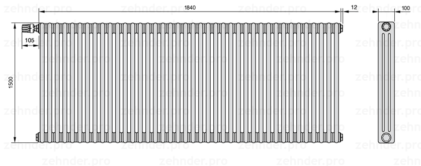 Схема (чертеж) Радиатор Zehnder Charleston 3150/40 №V011 Белый глянцевый RAL 9016